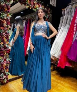 PEACOCK BLUE STYLISH CROP WITH RUFFLE JACKET ATTACHED TO BLOUSE