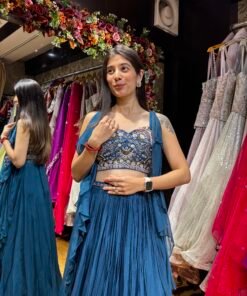 Alternative view of PEACOCK BLUE STYLISH CROP WITH RUFFLE JACKET ATTACHED TO BLOUSE