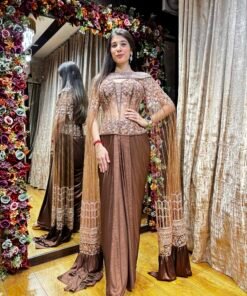 SUNEHRI CLASSY CORSET SET WITH HEAVY BOAT NECK CAPE-BRONZE GOLD