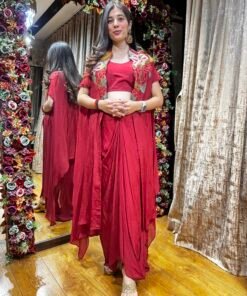 CRIMSON BLOOM INDO-WESTERN TULIP SKIRT SET WITH CAPE