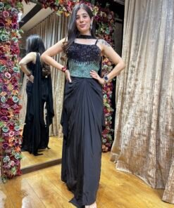 IRA BLACK COWL SKIRT WITH STYLISH SPAGETTI BLOUSE & NECK BELT DUPATTA