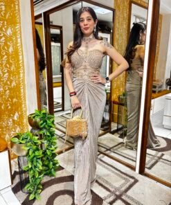 CELESTIAL CHAMPAGNE GOLD SKIRT SET WITH VERY DRAMATIC DIAMOND BLOUSE