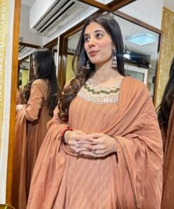 Alternative view of RIYA NUDE BROWN MUL COTTON ANARKALI SET WITH DUPATTA