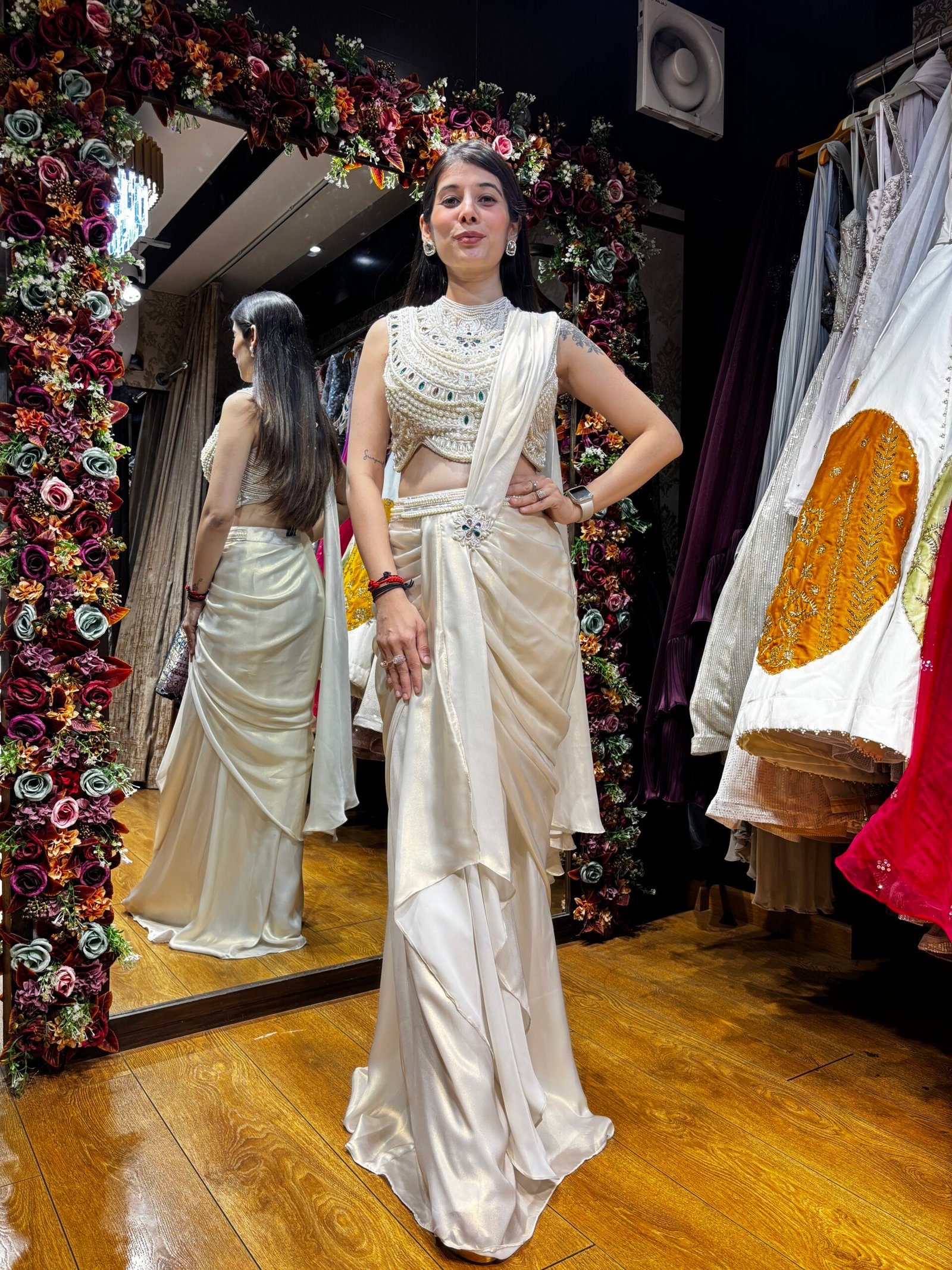 MOTHER OF PEARL HIGH NECK DRAPE SAREE