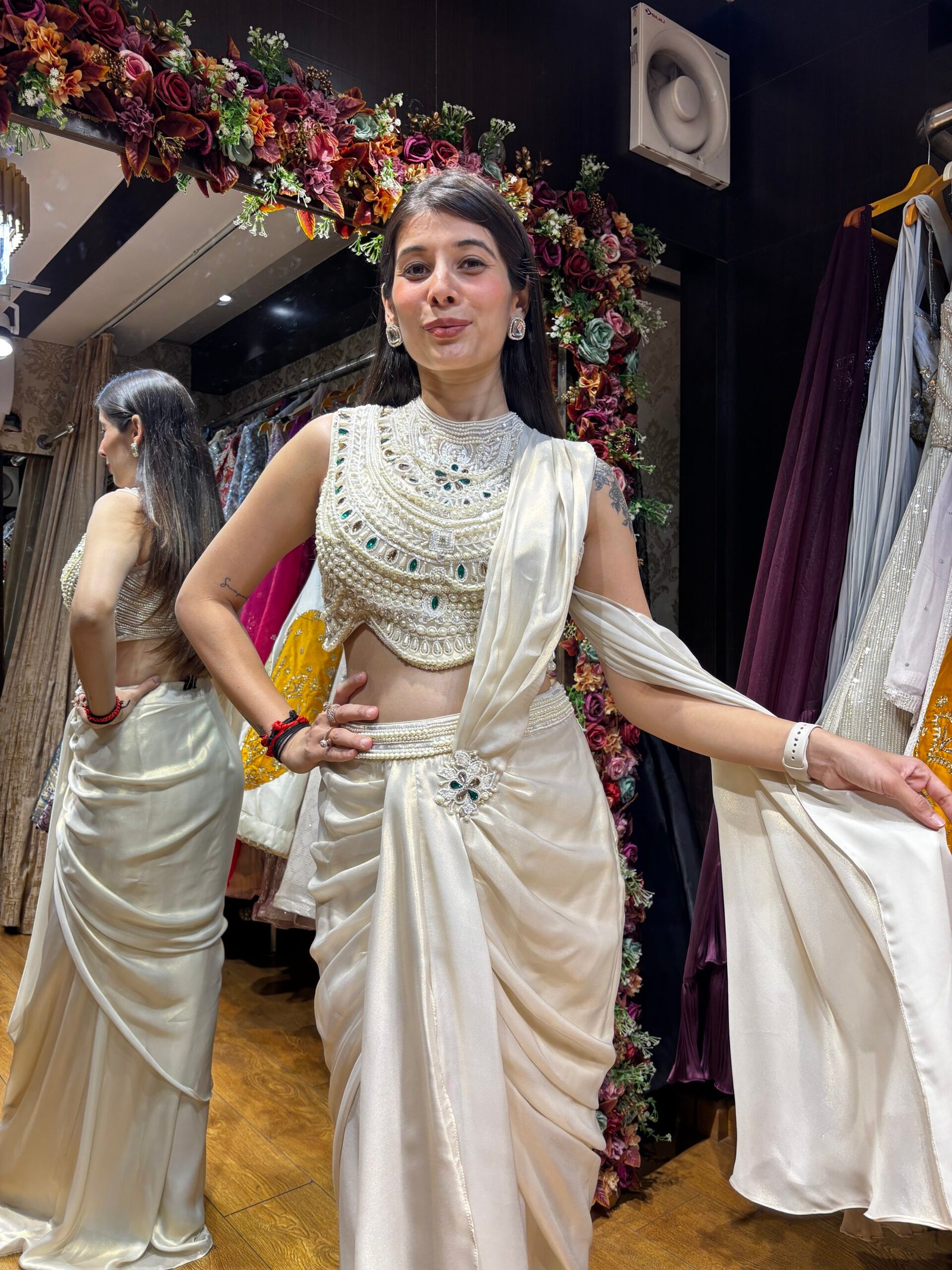 MOTHER OF PEARL HIGH NECK DRAPE SAREE - Image 2
