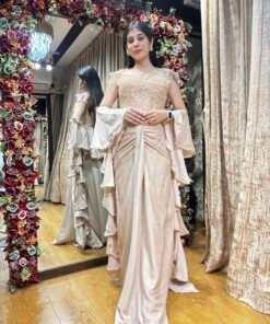 MISHA GOLD COWL SKIRT WITH CORSET BLOUSE & RUFFLE DUPATTA