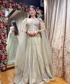 MISHA FISH CUT SKIRT WITH LONG CORSET & FEATHER SLEEVES-IVORY GOLD