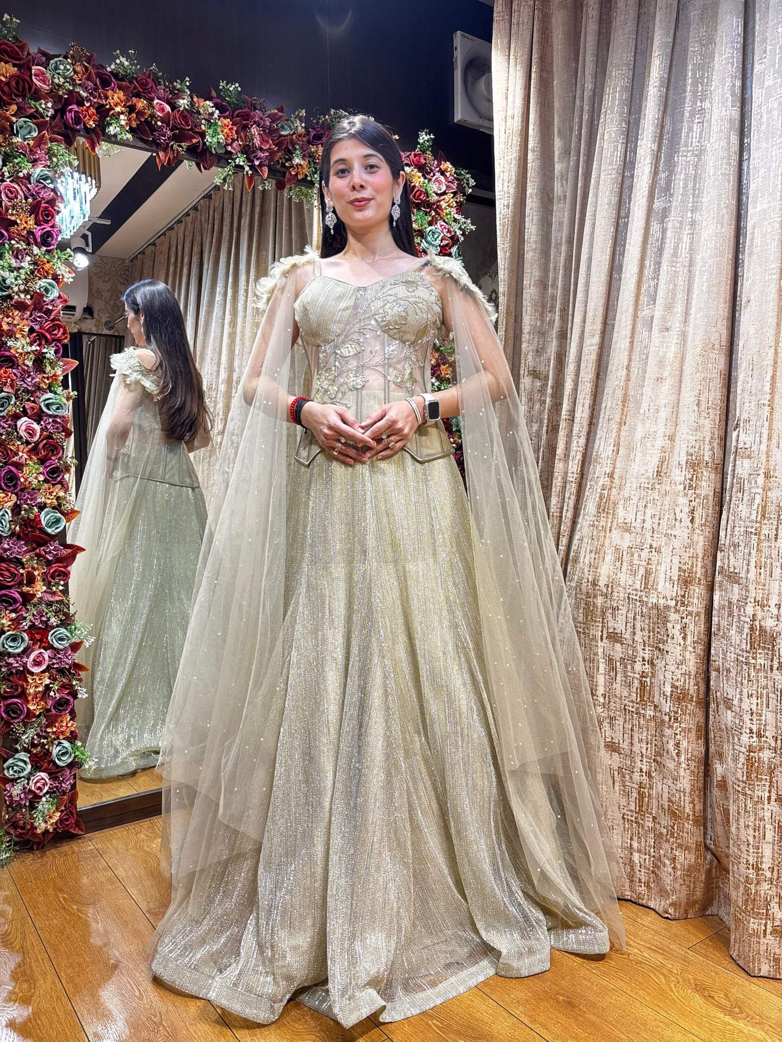 MISHA FISH CUT SKIRT WITH LONG CORSET & FEATHER SLEEVES-IVORY GOLD
