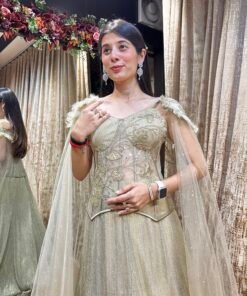 Alternative view of MISHA FISH CUT SKIRT WITH LONG CORSET & FEATHER SLEEVES-IVORY GOLD
