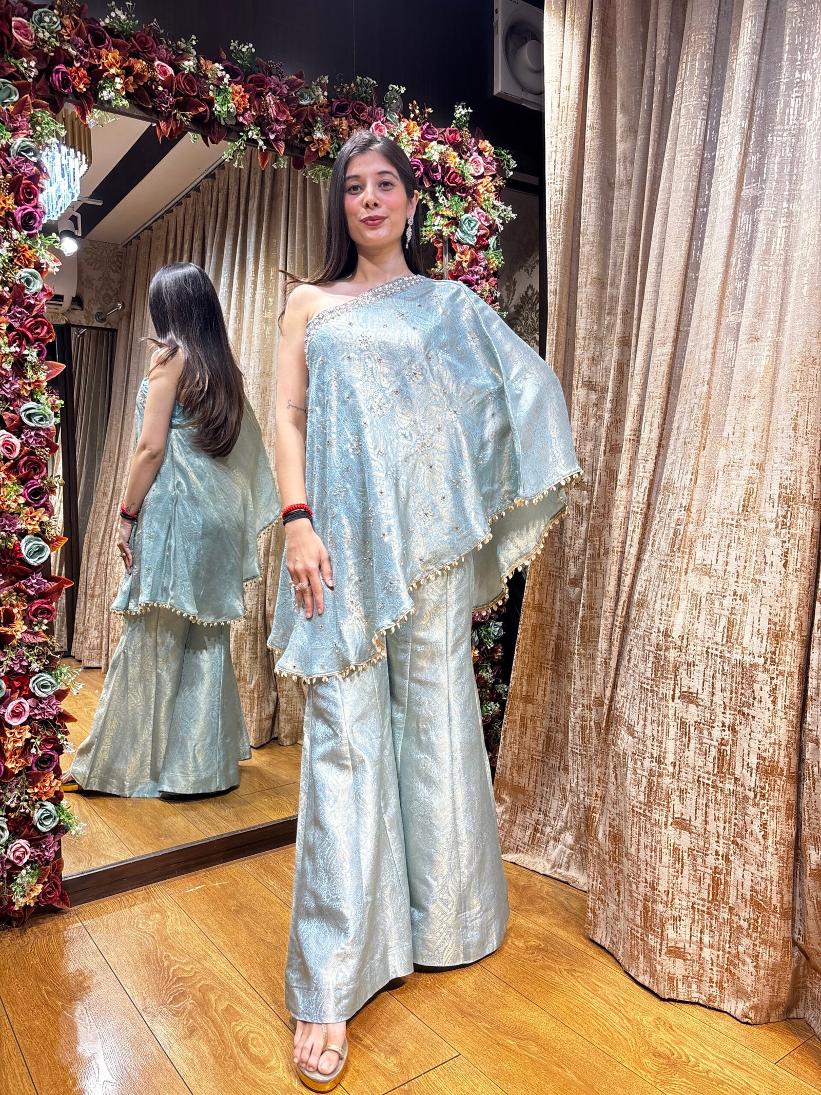 AQUA BLUE BANARASI BELL BOTTOM PLAZZO WITH ONE SIDE SHOULDER TOP