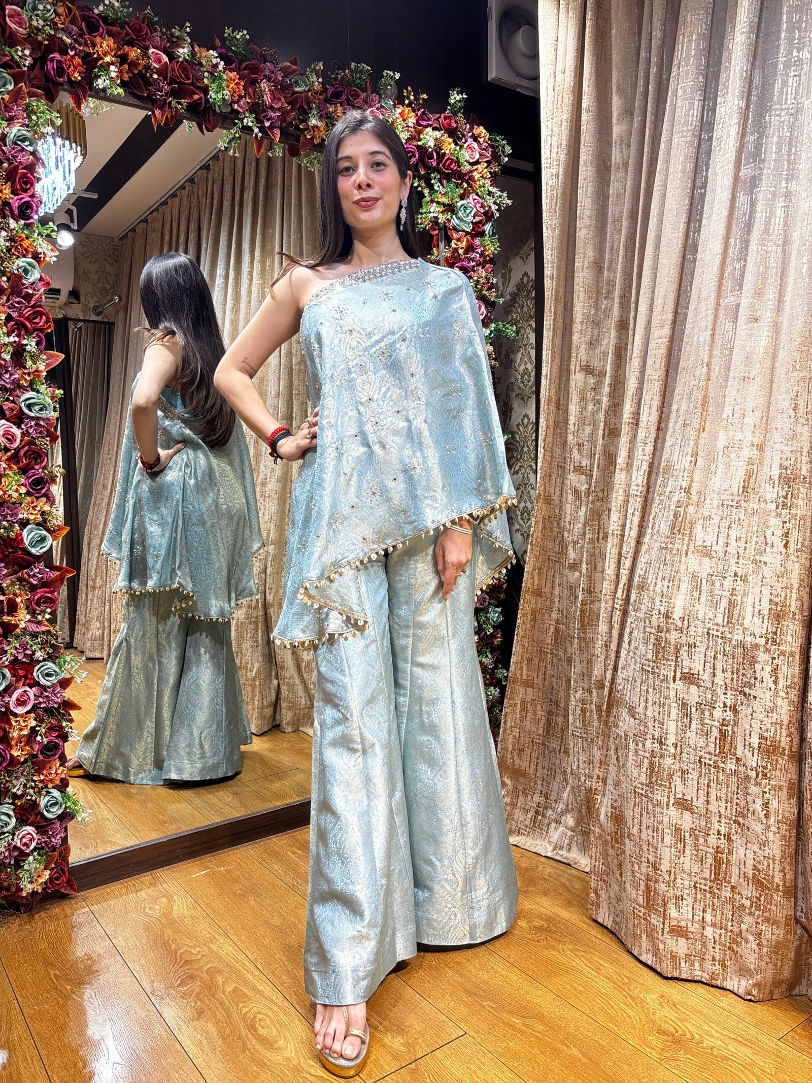 AQUA BLUE BANARASI BELL BOTTOM PLAZZO WITH ONE SIDE SHOULDER TOP - Image 2