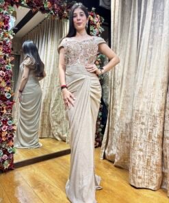 GOLD MERMAID FISH CUT GOWN WITH DRAMATIC SLEEVES
