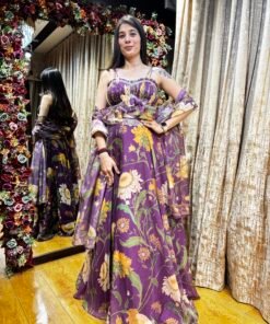 RUHI FLORAL PURPLE PEPLUM RUFFLE CROP TOP LENGHA CHOLI