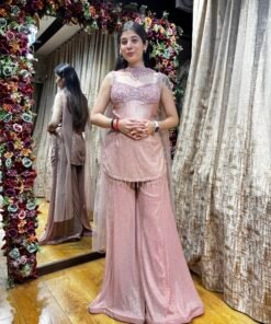 AVANTIKA BLUSH PINK PLAZZO SET WITH CHANDELIER COLD SHOULDER TOP