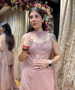 Alternative view of AVANTIKA BLUSH PINK PLAZZO SET WITH CHANDELIER COLD SHOULDER TOP