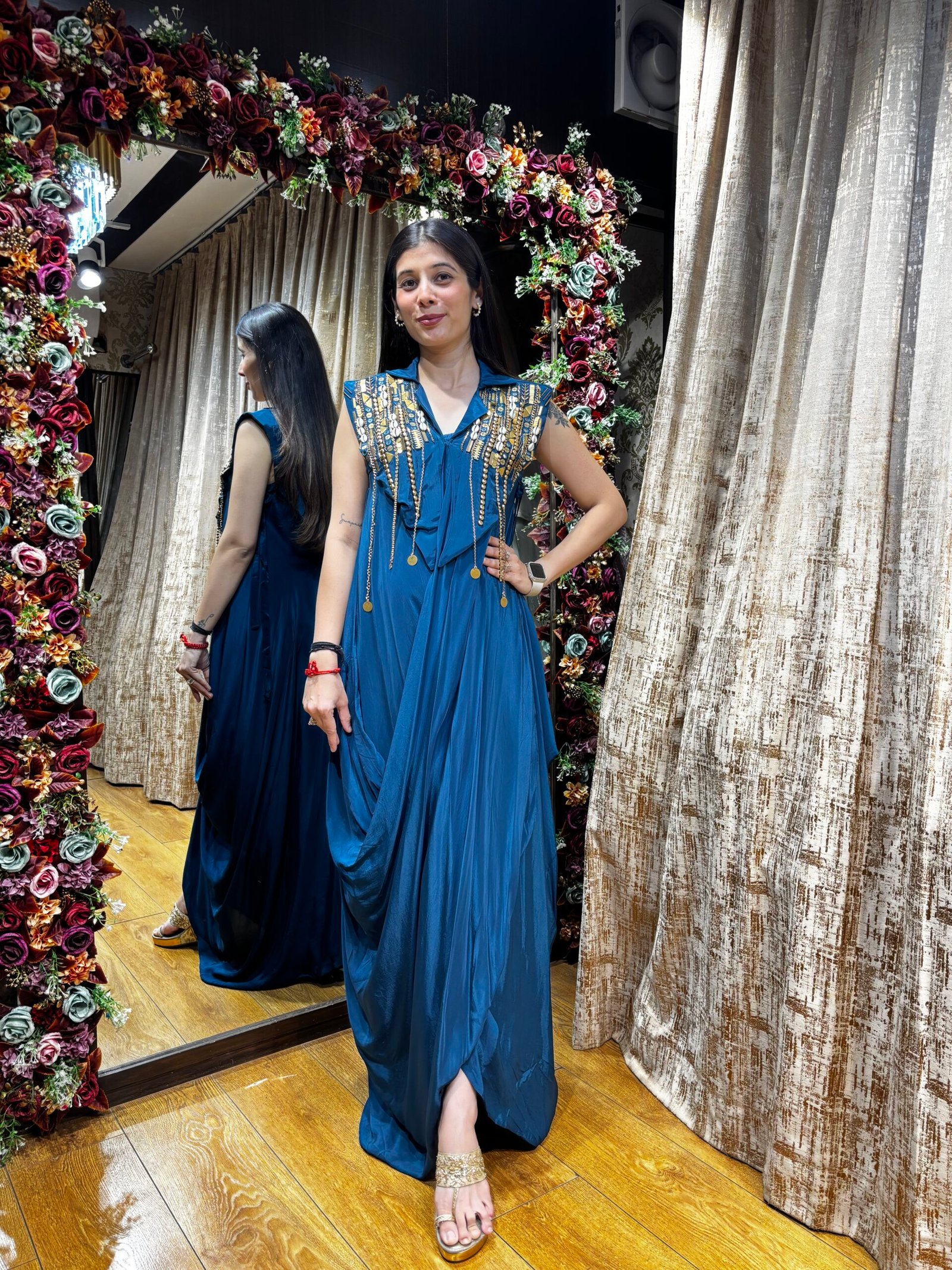 INAYAT PEACOCK BLUE GOWN WITH COIN WORK SHORT JACKET