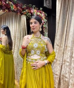 Alternative view of MUSTARD GREEN STYLISH PLAZZO SUIT WITH CAPE
