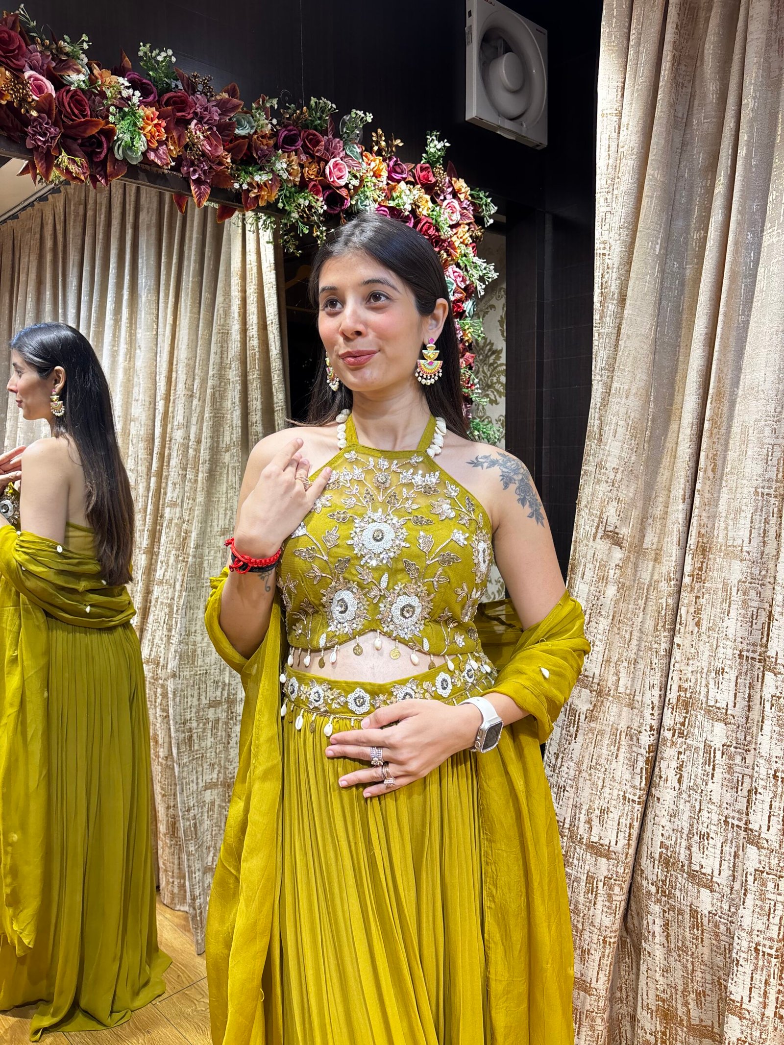 MUSTARD GREEN STYLISH PLAZZO SUIT WITH CAPE - Image 2
