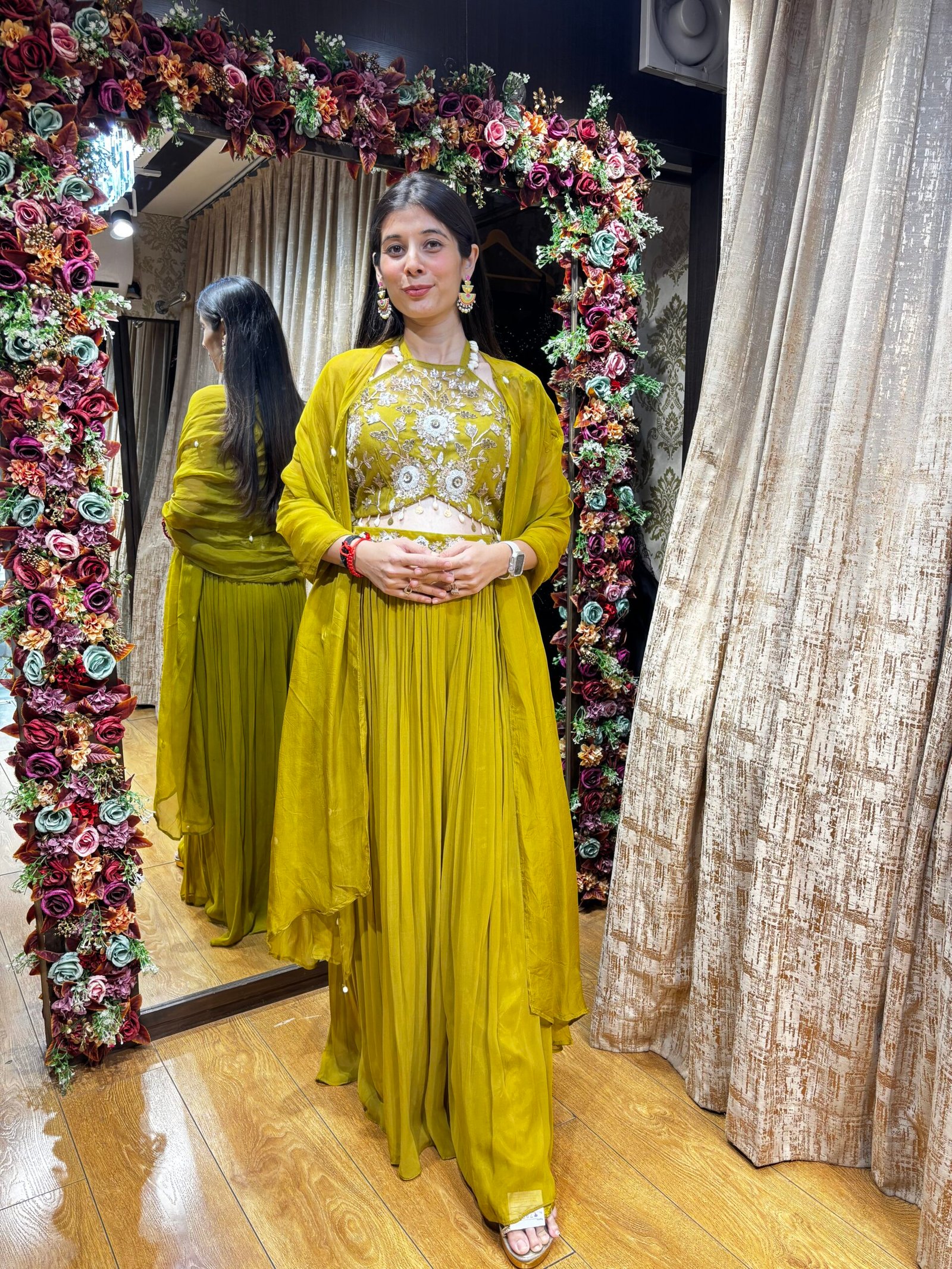 MUSTARD GREEN STYLISH PLAZZO SUIT WITH CAPE
