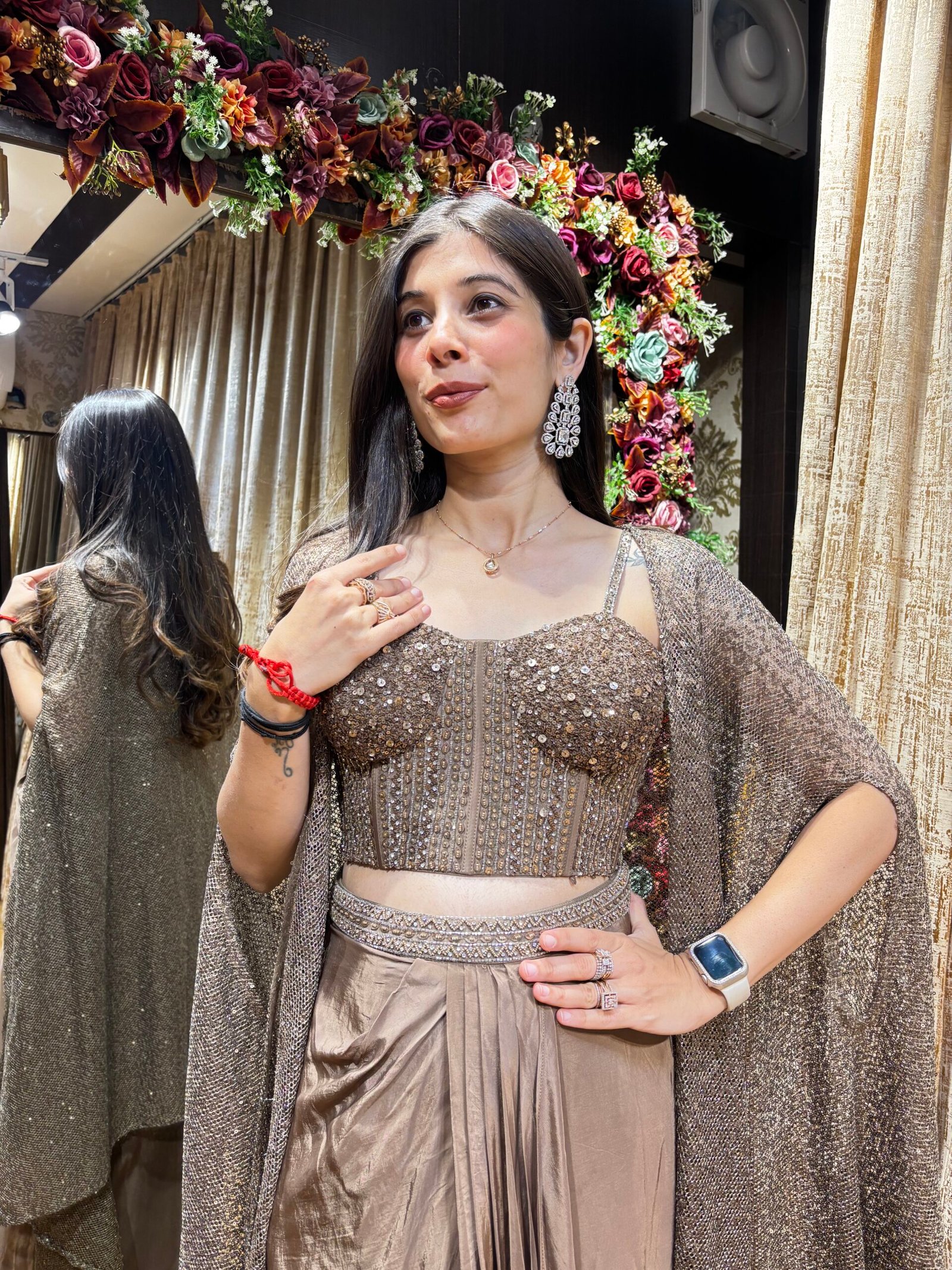 DARK BRONZE GOLD SKIRT WITH STYLISH CAPE SET - Image 2