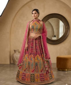 ROYAL PINK PEACOCK TRADITIONAL LENGHA WITH STYLISH HALTER NECK BLOUSE & DUPATTA