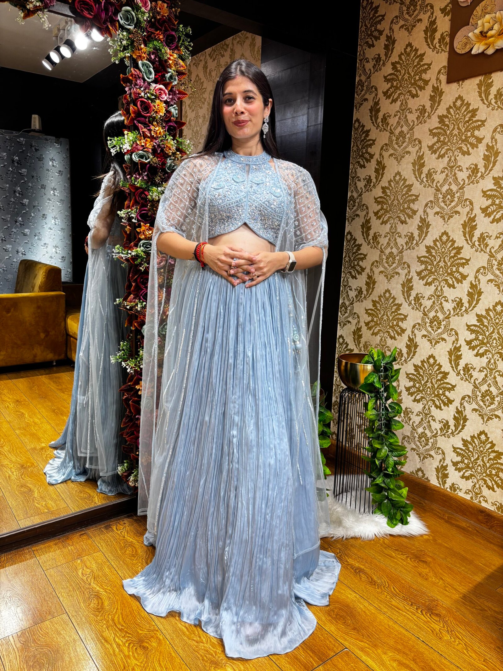 SERAPHINE ICE BLUE LENGHA WITH HALTER BLOUSE WITH HANDWORK CAPE