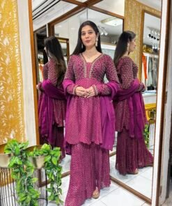 MAGENTA PINK PLAZZO SET WITH JEWEL PEPLUM TOP