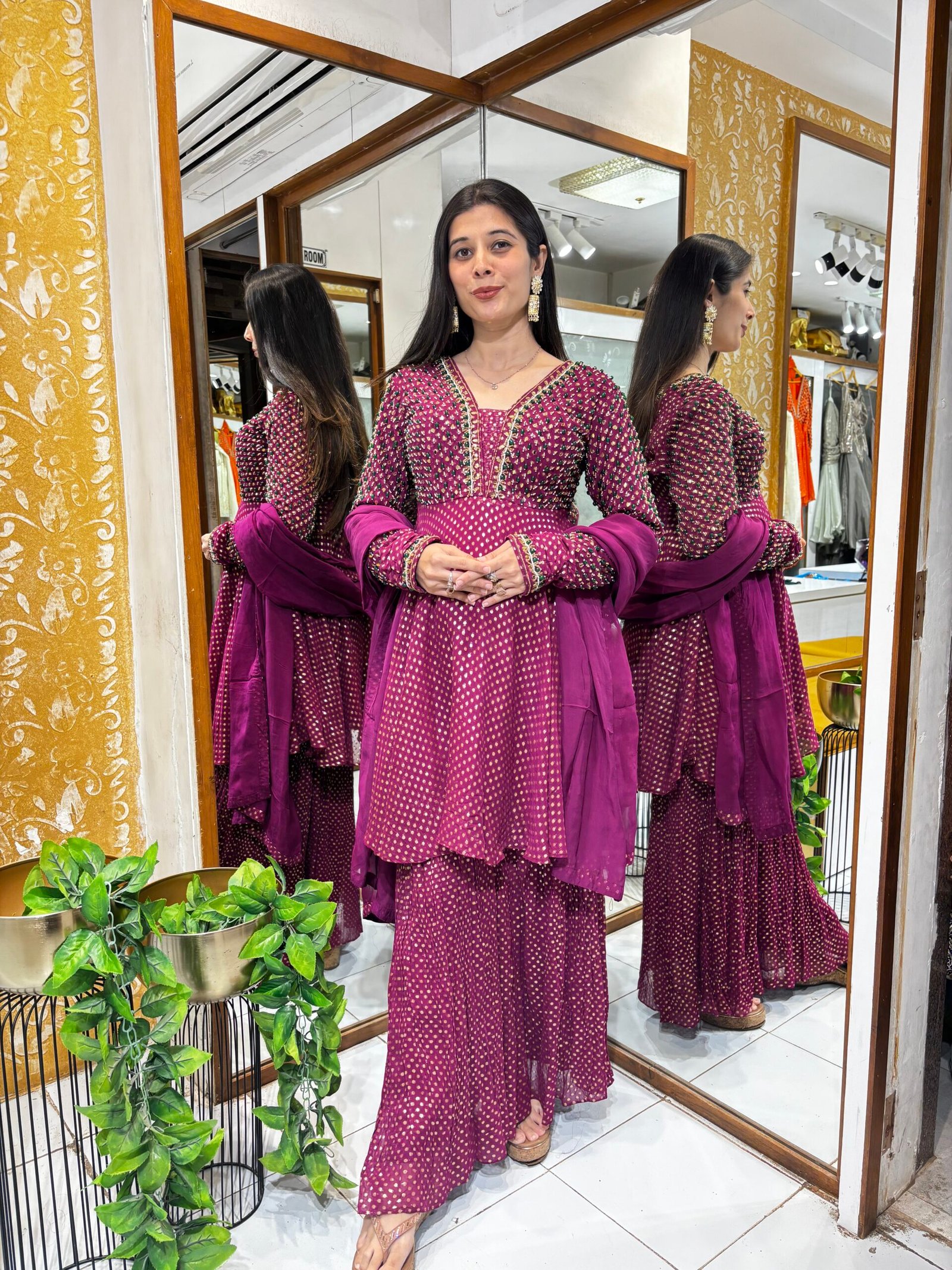 MAGENTA PINK PLAZZO SET WITH JEWEL PEPLUM TOP