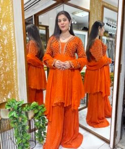 RUST ORANGE STYLISH JEWEL WORK PEPLUM PLAZZO SET