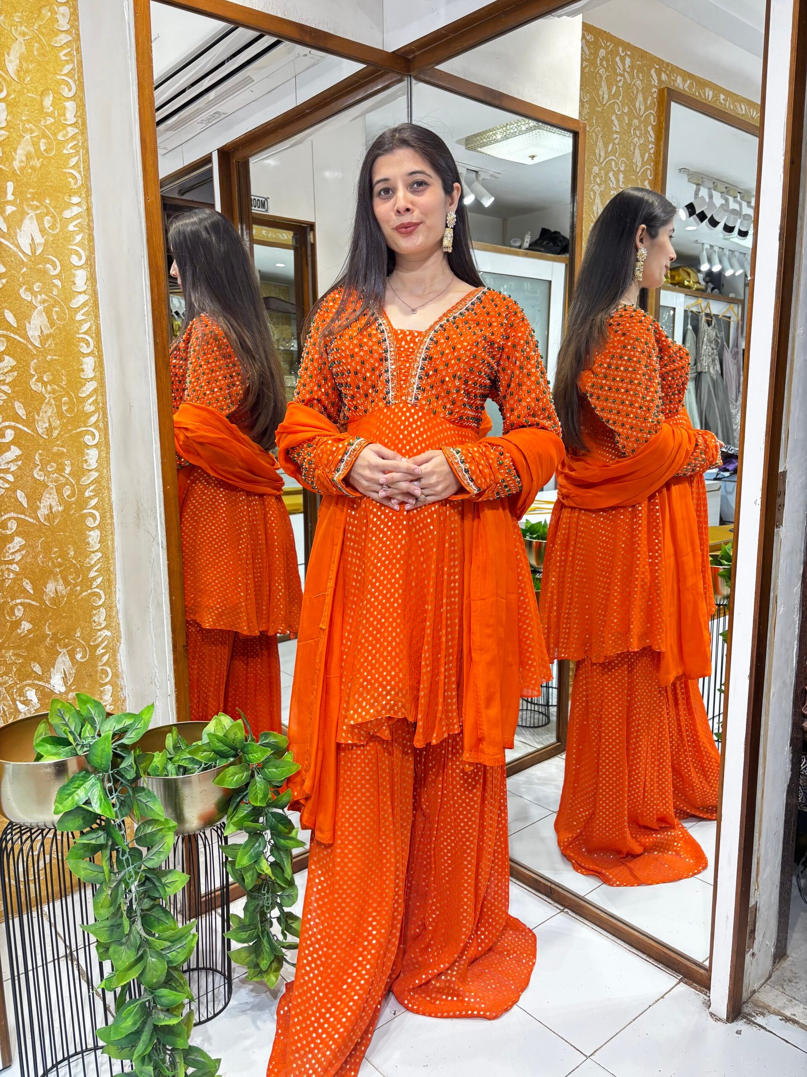 RUST ORANGE STYLISH JEWEL WORK PEPLUM PLAZZO SET