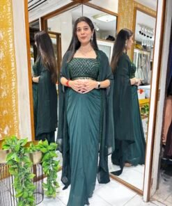 BOTTLE GREEN INDO WESTERN SKIRT SET WITH KAFTAN STYLE JACKET