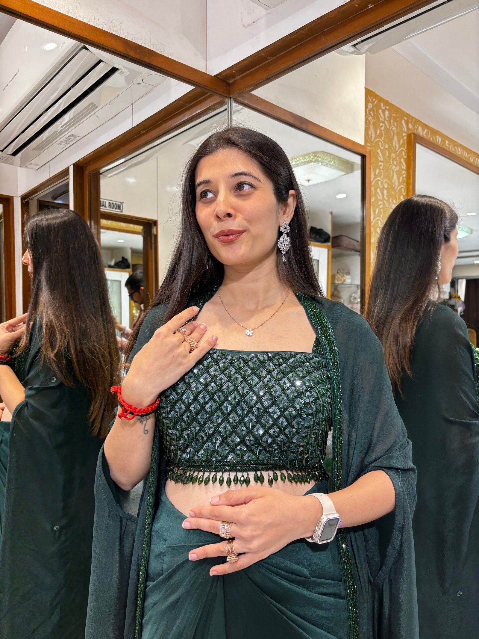 BOTTLE GREEN INDO WESTERN SKIRT SET WITH KAFTAN STYLE JACKET - Image 2