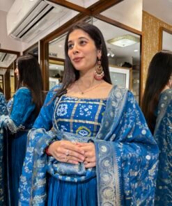 Alternative view of FIROZI BLUE RANGREZ FLOWY ANARKALI SET WITH DUPATTA