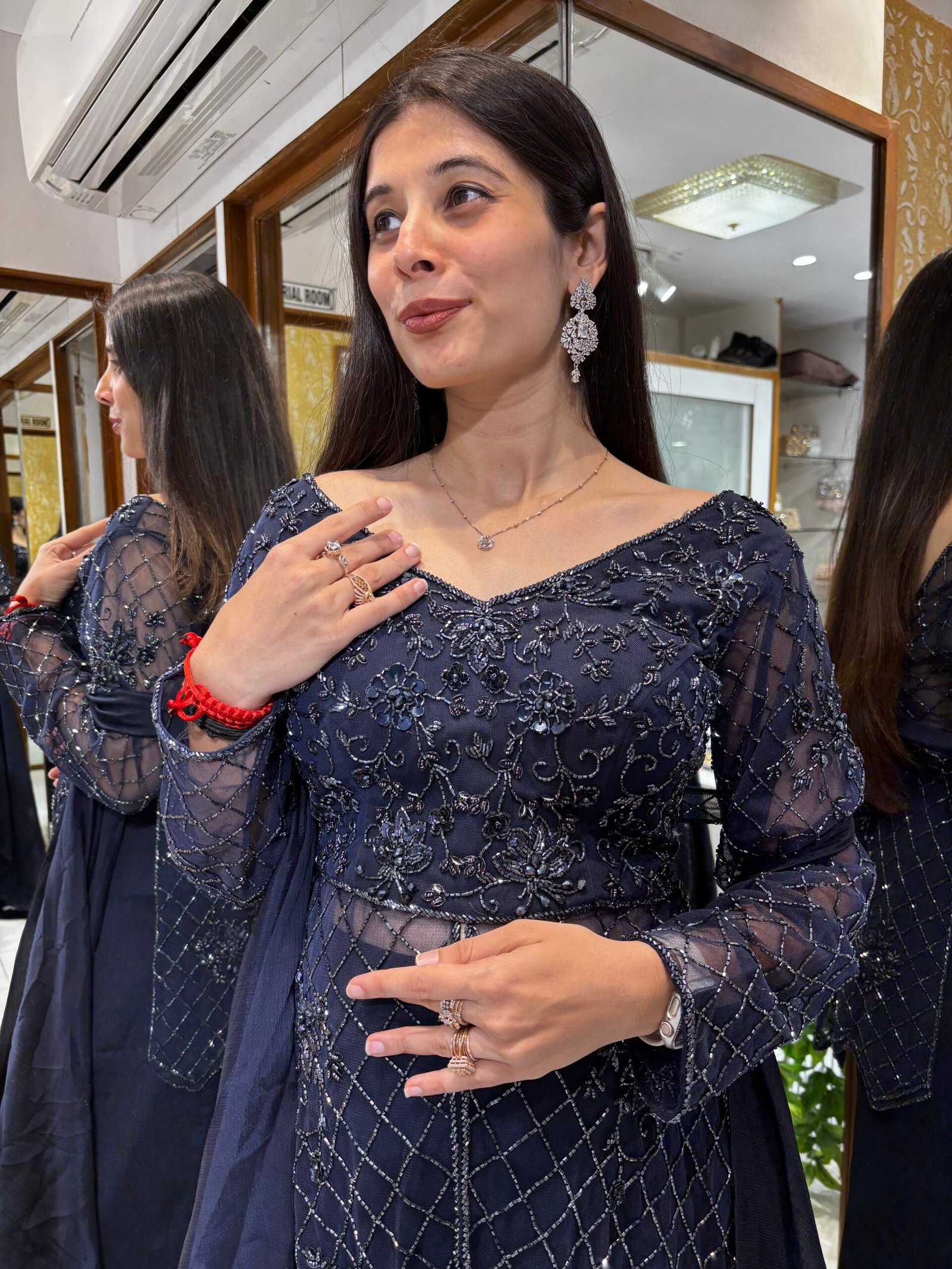 DEEP BLUE INDO PLAZZO SET WITH HEAVY PEPLUM BLOUSE & DUPATTA - Image 2