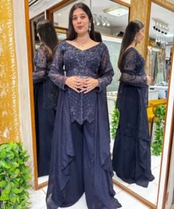 DEEP BLUE INDO PLAZZO SET WITH HEAVY PEPLUM BLOUSE & DUPATTA