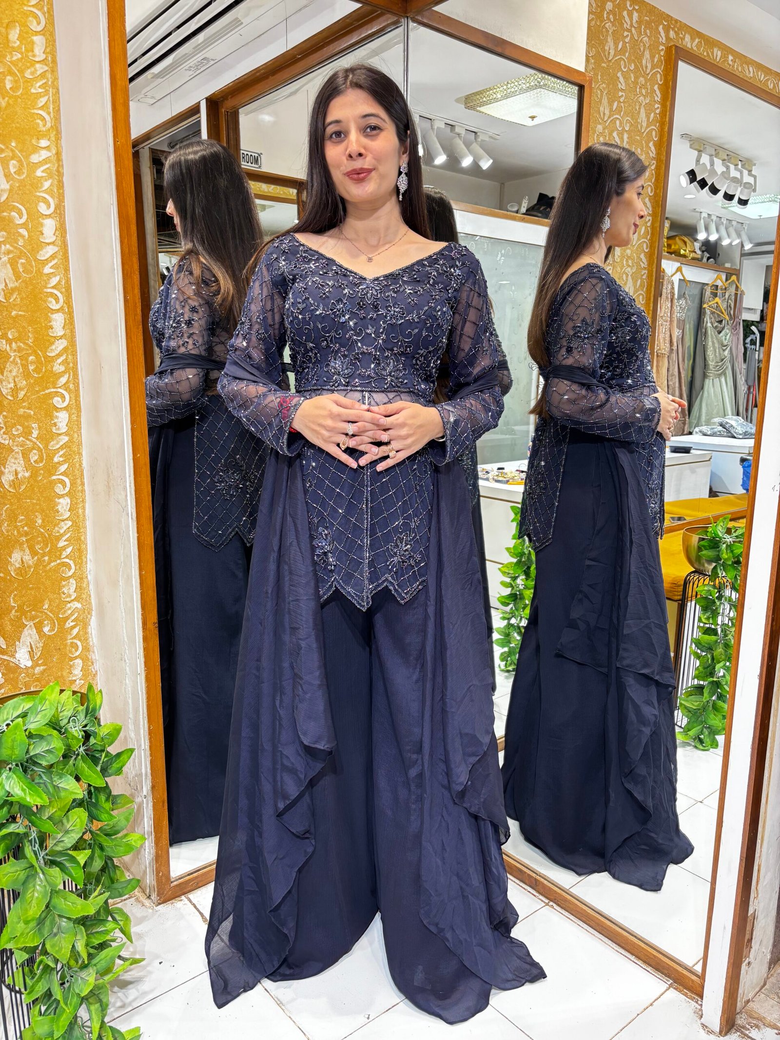 DEEP BLUE INDO PLAZZO SET WITH HEAVY PEPLUM BLOUSE & DUPATTA