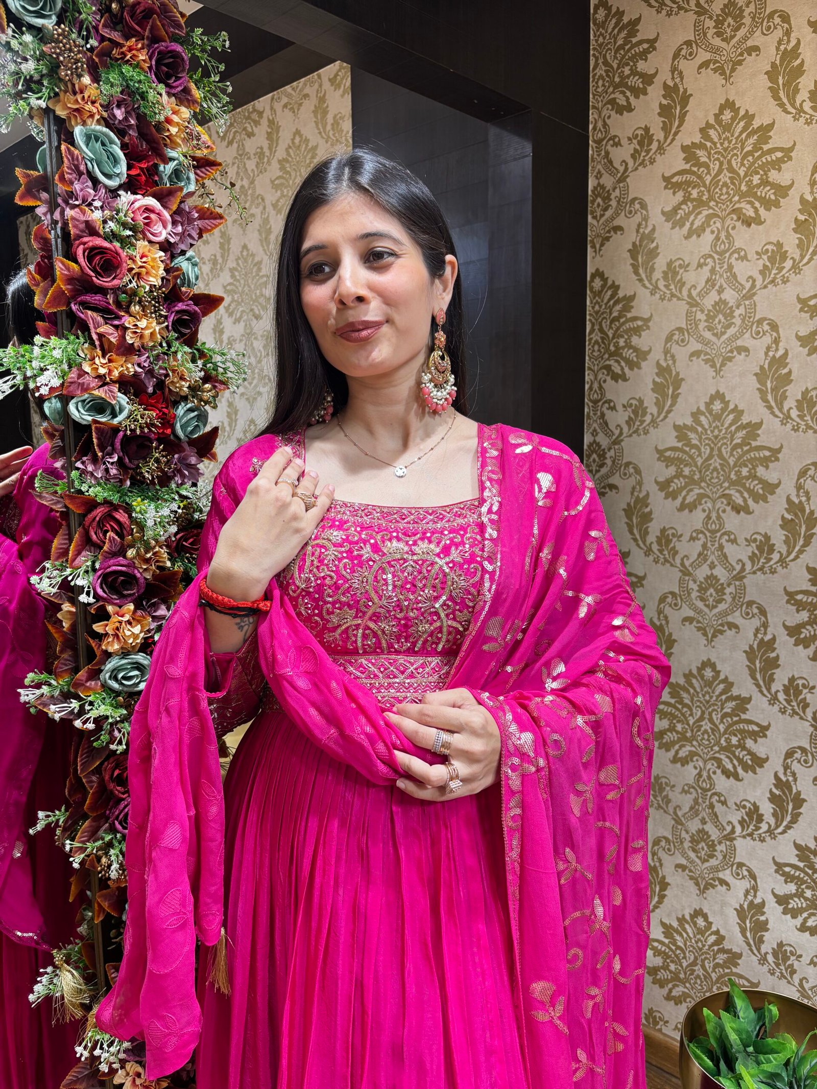 ROYAL HOT PINK FLOWY ANARKALI SET WITH DUPATTA - Image 2
