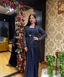 MIDNIGHT BLUE PLEATED SKIRT BUSTER WITH HEAVY BLAZER JACKET