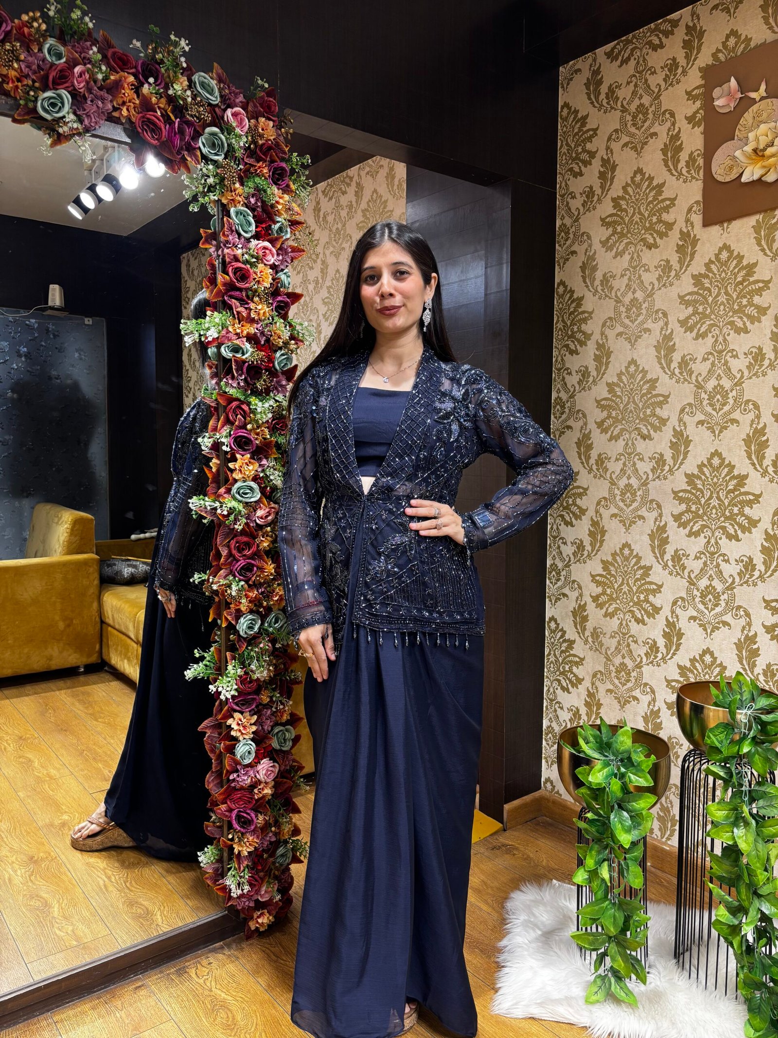 MIDNIGHT BLUE PLEATED SKIRT BUSTER WITH HEAVY BLAZER JACKET