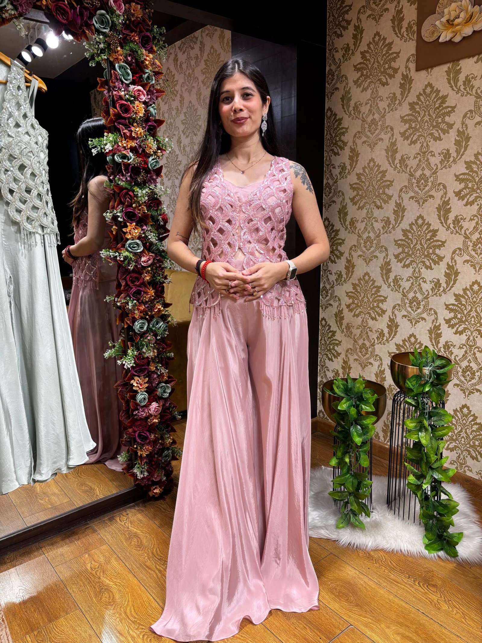 BLUSH PINK PLAZZO SET WITH CUT WORK HEAVY JACKET