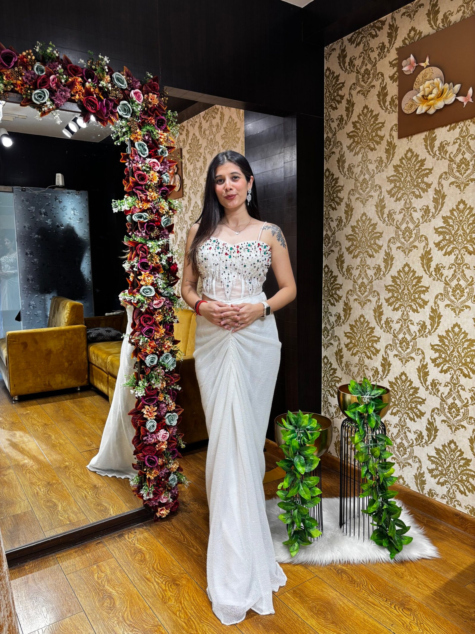 WHITE LUXE SKIRT SET WITH STONE EMBLESHEED CORSET BLOUSE