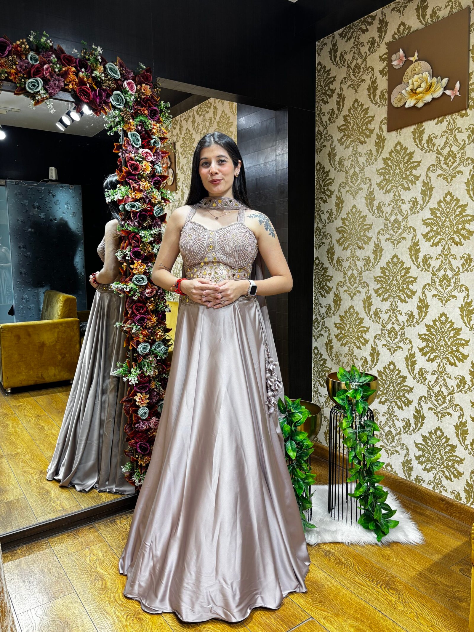 ROSE GOLD ACRYLIC CORSET SKIRT SET WITH DUPATTA