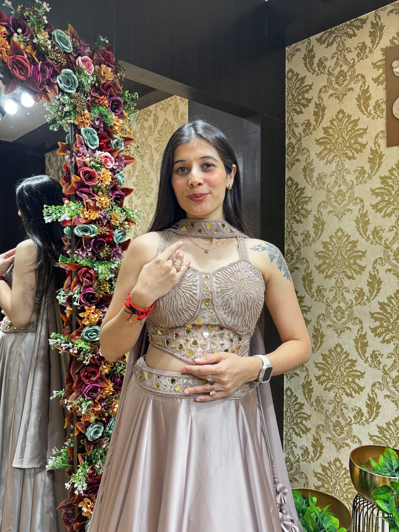 ROSE GOLD ACRYLIC CORSET SKIRT SET WITH DUPATTA - Image 2