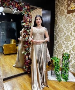 CHAMPAGNE GOLD PLEATED SKIRT WITH CORSET BLOUSE & RUFFLE DUPATTA