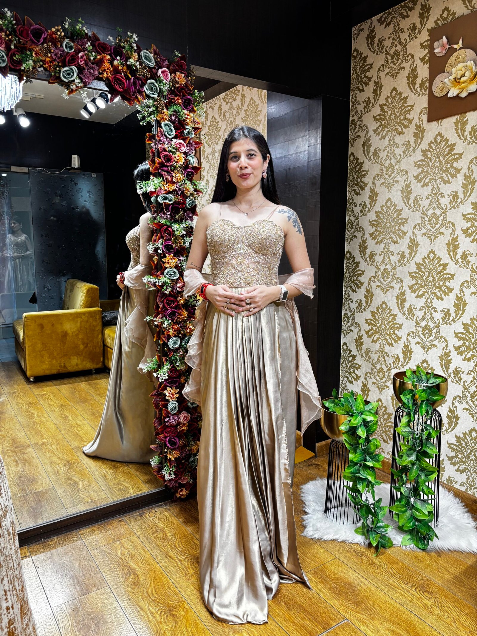 CHAMPAGNE GOLD PLEATED SKIRT WITH CORSET BLOUSE & RUFFLE DUPATTA