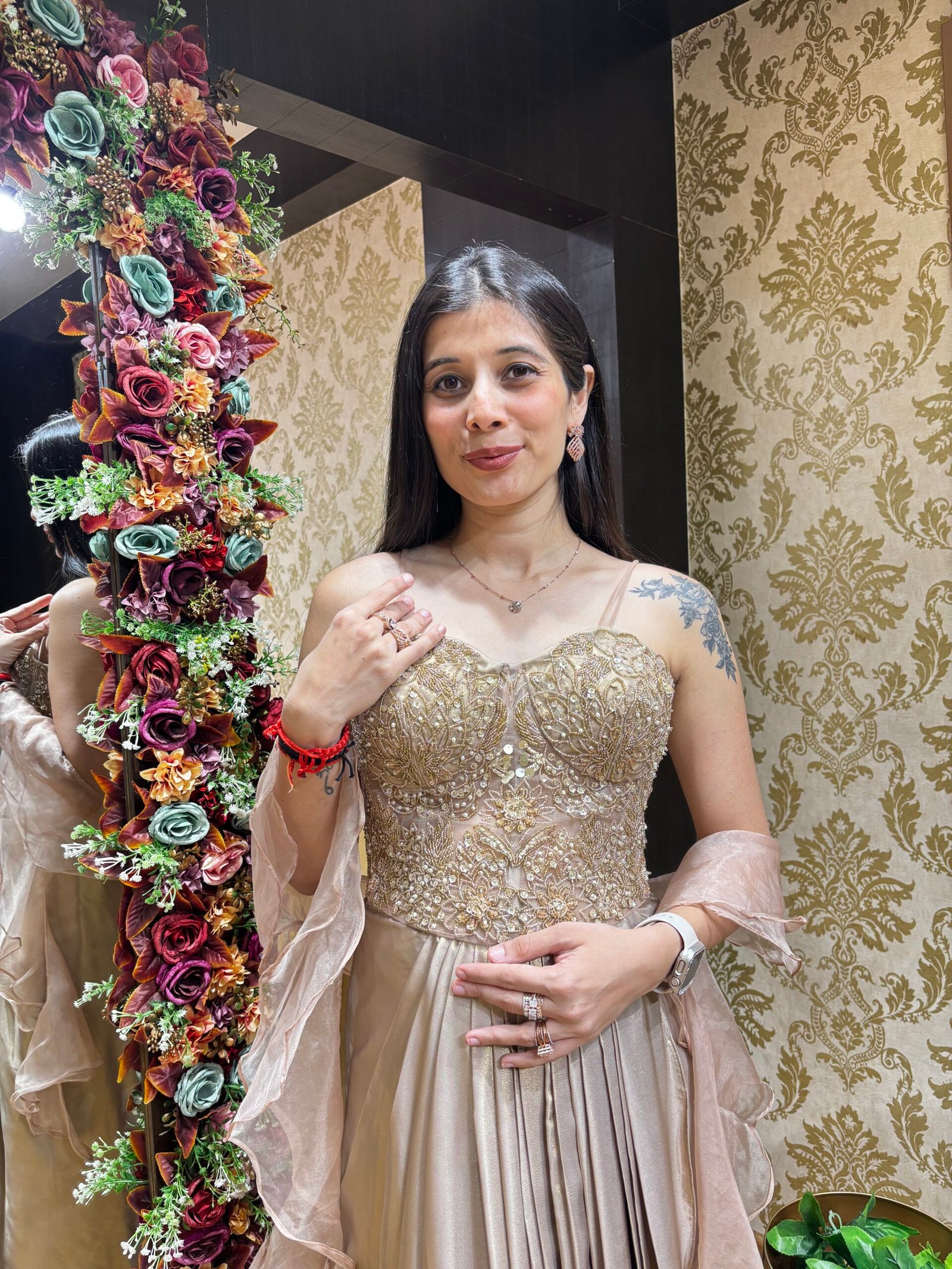 CHAMPAGNE GOLD PLEATED SKIRT WITH CORSET BLOUSE & RUFFLE DUPATTA - Image 2