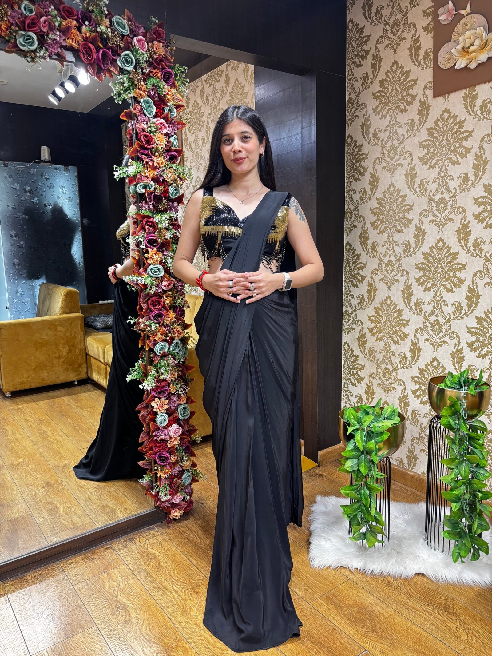 BLACK STYTLISH READY TO WEAR DRAPE WITH DRAMATIC HANDWORK BLOUSE