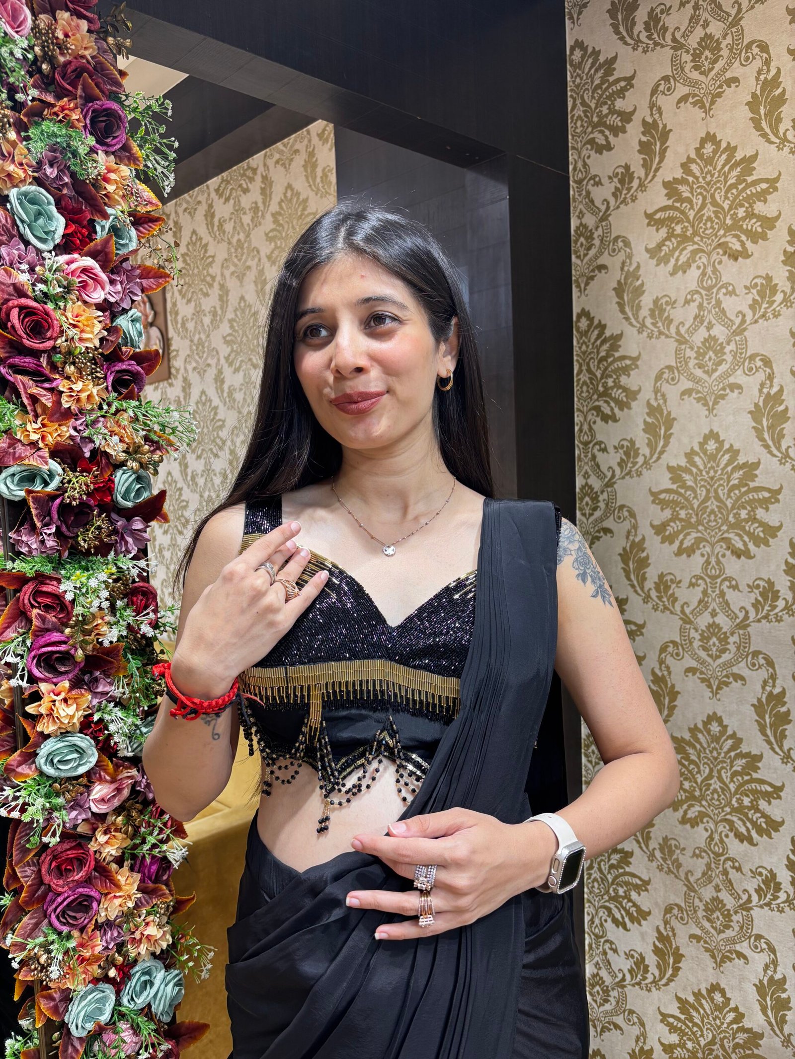BLACK STYTLISH READY TO WEAR DRAPE WITH DRAMATIC HANDWORK BLOUSE - Image 2