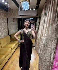 MOCHA BROWN DRAPE SAREE WITH MIRROR CORSET BLOUSE