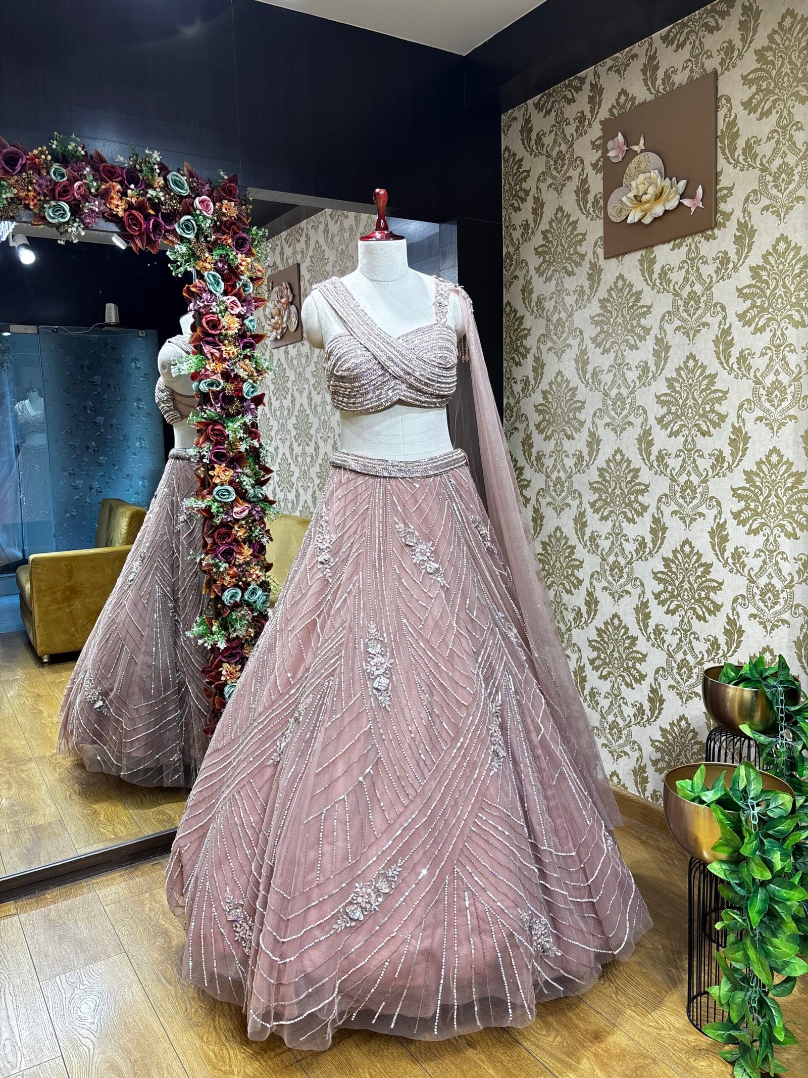 MISHA ROSE GOLD HEAVY LENGHA CHOLI WITH ATTACHED DUPATTA & ONE SIDE BLOUSE